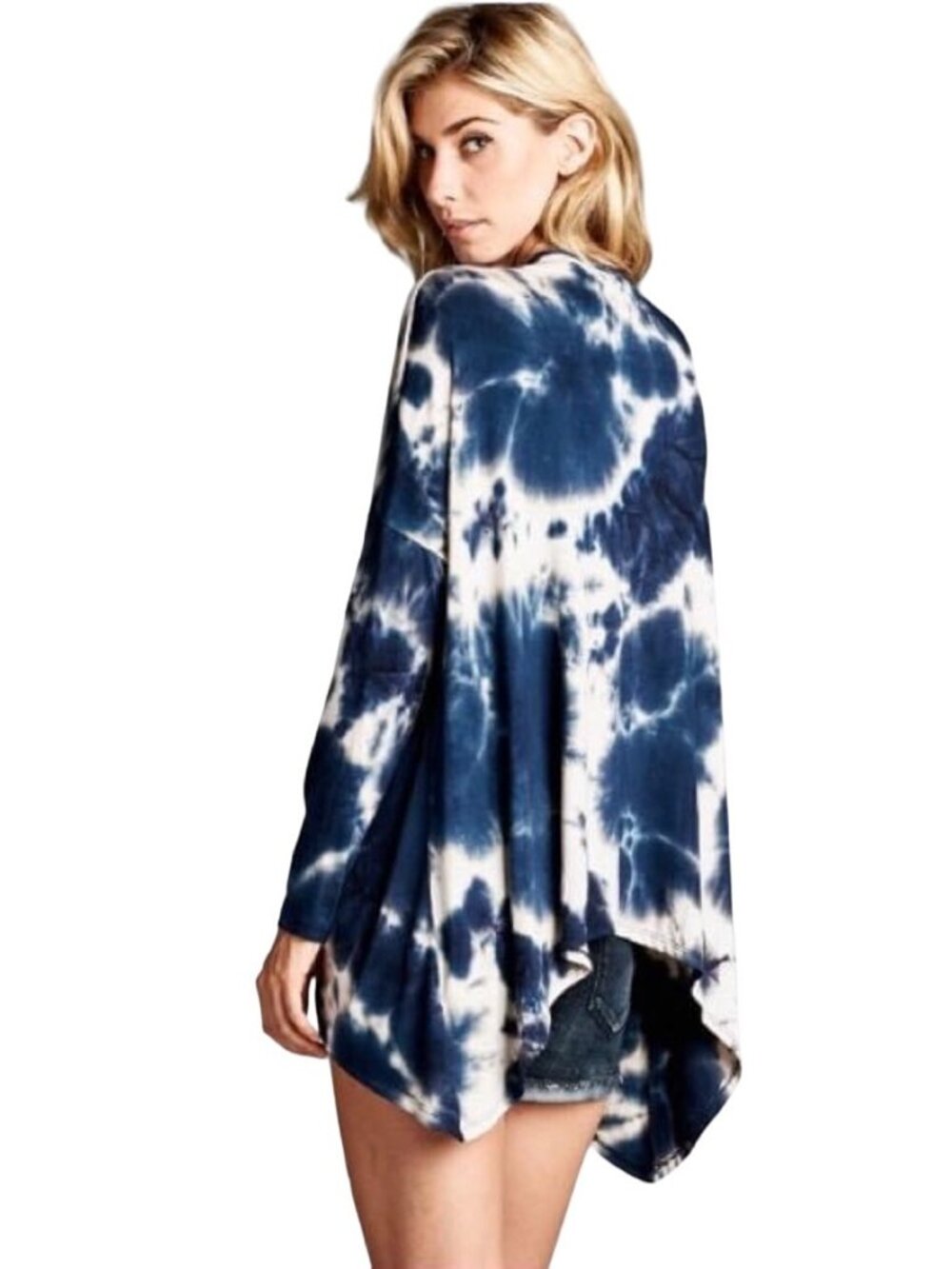 NWT Blue Tie Dye Open Front Draped Jersey Cardigan| Ethereal Grunge Boho Coastal - Picture 4 of 13